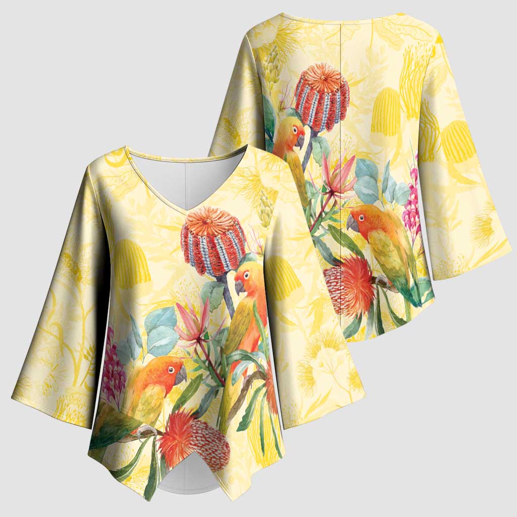 Birds and Floral Aussie Lorikeet Kimono Sleeve Blouse Pastel Yellow - Aussie Hoodie
