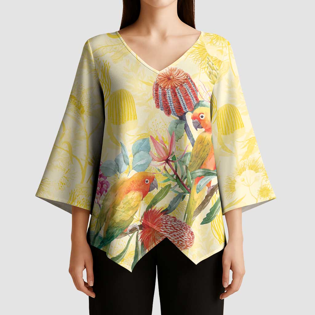 Birds and Floral Aussie Lorikeet Kimono Sleeve Blouse Pastel Yellow - Aussie Hoodie