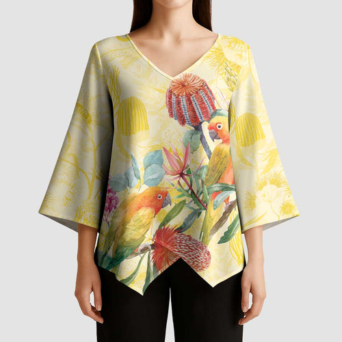 Birds and Floral Aussie Lorikeet Kimono Sleeve Blouse Pastel Yellow - Aussie Hoodie