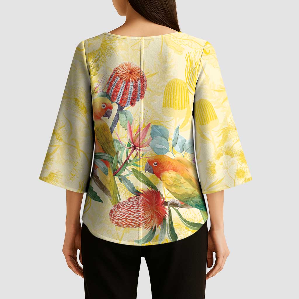 Birds and Floral Aussie Lorikeet Kimono Sleeve Blouse Pastel Yellow - Aussie Hoodie
