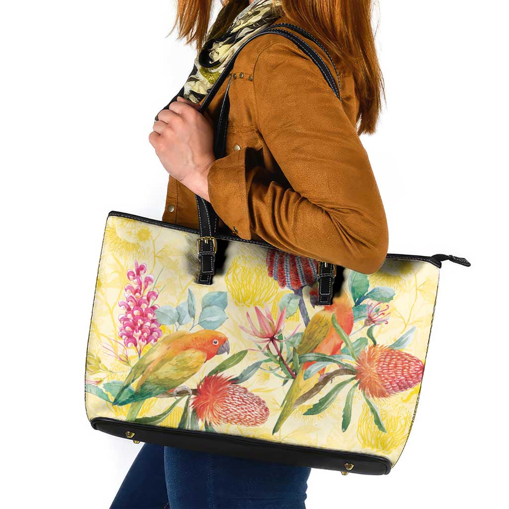 Birds and Floral Aussie Lorikeet Leather Tote Bag Pastel Yellow - Aussie Hoodie