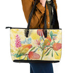 Birds and Floral Aussie Lorikeet Leather Tote Bag Pastel Yellow - Aussie Hoodie