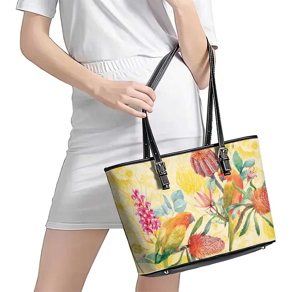 Birds and Floral Aussie Lorikeet Leather Tote Bag Pastel Yellow - Aussie Hoodie