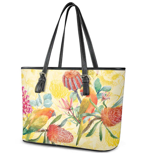 Birds and Floral Aussie Lorikeet Leather Tote Bag Pastel Yellow - Aussie Hoodie