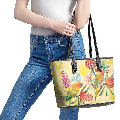 Birds and Floral Aussie Lorikeet Leather Tote Bag Pastel Yellow - Aussie Hoodie