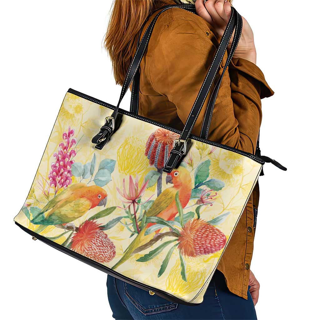 Birds and Floral Aussie Lorikeet Leather Tote Bag Pastel Yellow - Aussie Hoodie