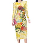 Birds and Floral Aussie Lorikeet Long Sleeve Bodycon Dress Pastel Yellow - Aussie Hoodie