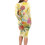 Birds and Floral Aussie Lorikeet Long Sleeve Bodycon Dress Pastel Yellow - Aussie Hoodie