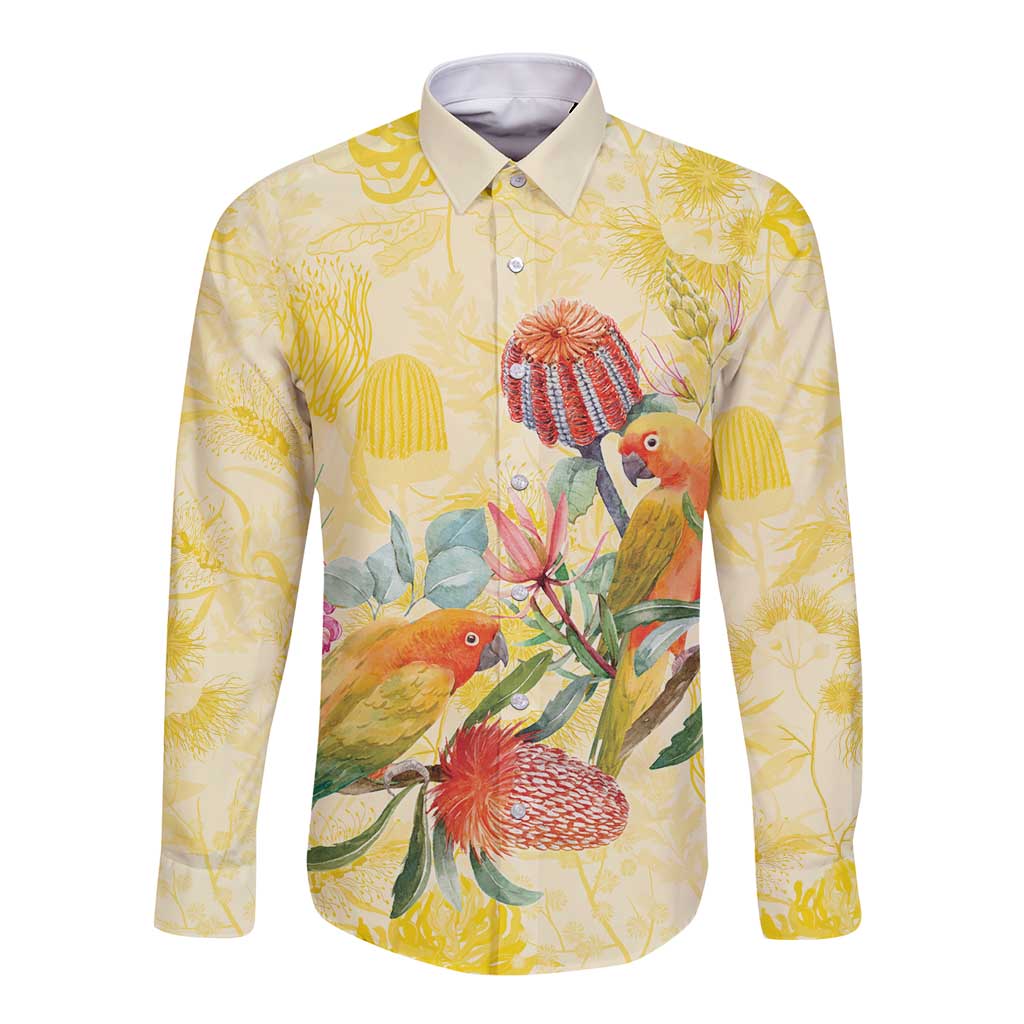 Birds and Floral Aussie Lorikeet Long Sleeve Button Shirt Pastel Yellow - Aussie Hoodie