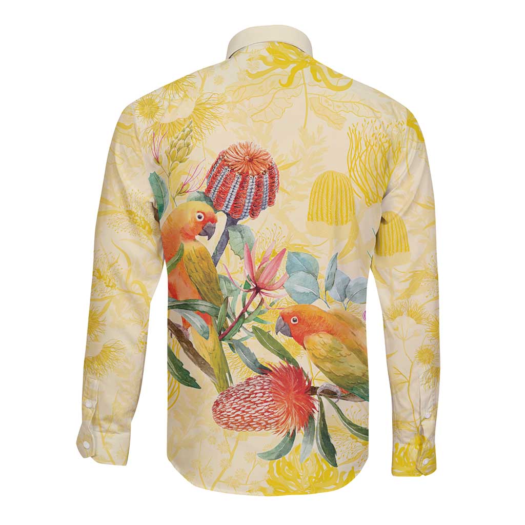 Birds and Floral Aussie Lorikeet Long Sleeve Button Shirt Pastel Yellow - Aussie Hoodie