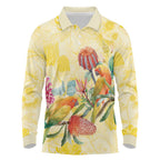 Birds and Floral Aussie Lorikeet Long Sleeve Polo Shirt Pastel Yellow - Aussie Hoodie