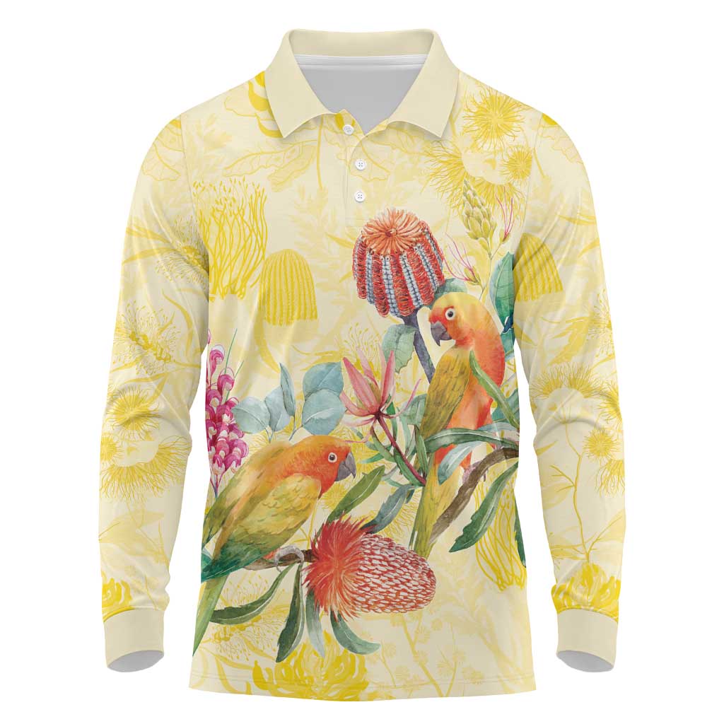 Birds and Floral Aussie Lorikeet Long Sleeve Polo Shirt Pastel Yellow - Aussie Hoodie