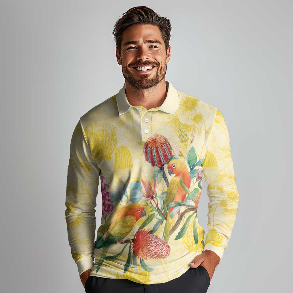 Birds and Floral Aussie Lorikeet Long Sleeve Polo Shirt Pastel Yellow - Aussie Hoodie