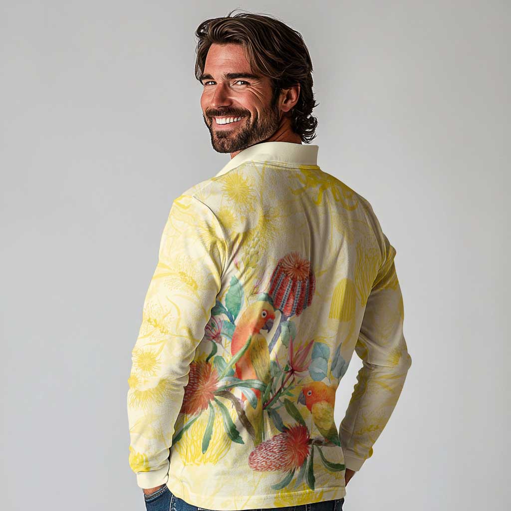 Birds and Floral Aussie Lorikeet Long Sleeve Polo Shirt Pastel Yellow - Aussie Hoodie