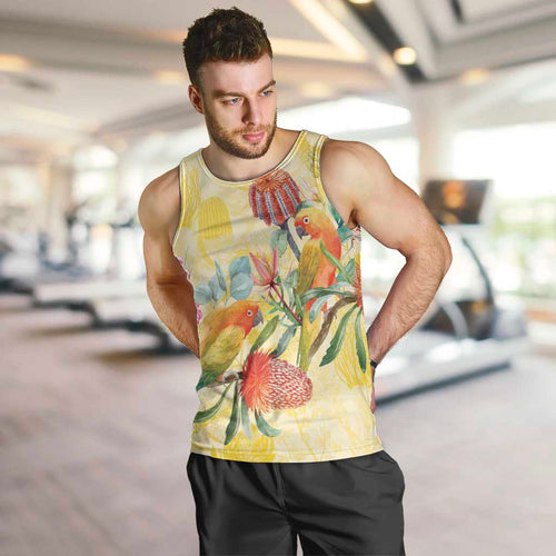 Birds and Floral Aussie Lorikeet Men Tank Top Pastel Yellow - Aussie Hoodie