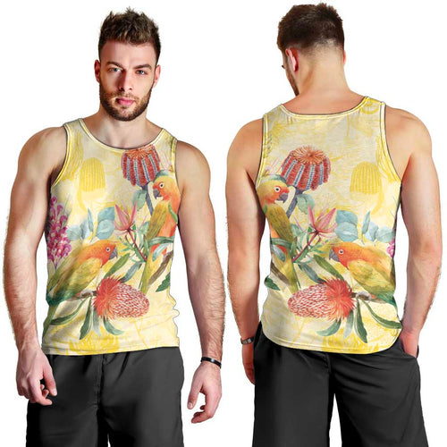 Birds and Floral Aussie Lorikeet Men Tank Top Pastel Yellow - Aussie Hoodie