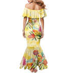 Birds and Floral Aussie Lorikeet Mermaid Dress Pastel Yellow - Aussie Hoodie