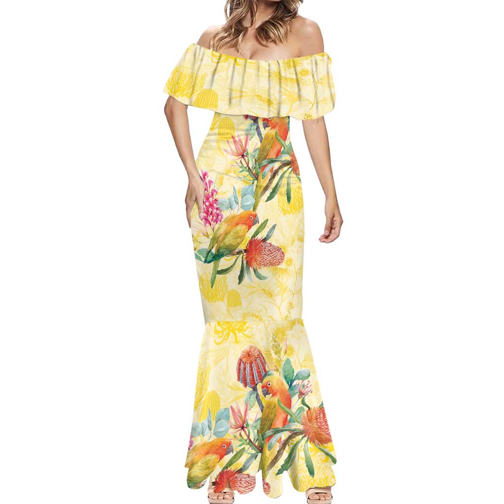 Birds and Floral Aussie Lorikeet Mermaid Dress Pastel Yellow - Aussie Hoodie