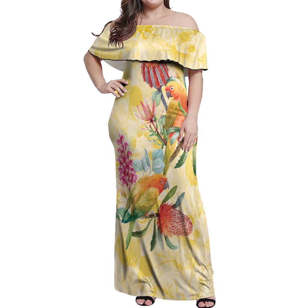 Birds and Floral Aussie Lorikeet Off Shoulder Maxi Dress Pastel Yellow - Aussie Hoodie