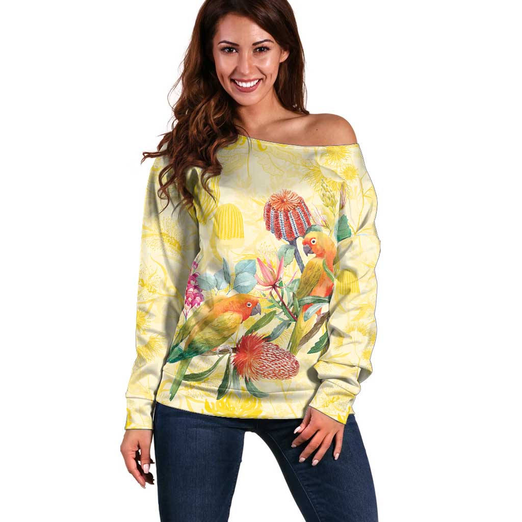 Birds and Floral Aussie Lorikeet Off Shoulder Sweater Pastel Yellow - Aussie Hoodie