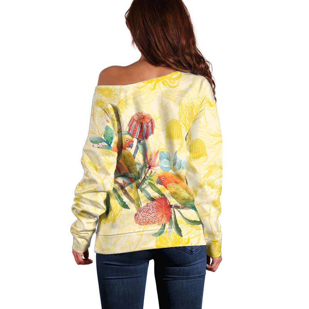 Birds and Floral Aussie Lorikeet Off Shoulder Sweater Pastel Yellow - Aussie Hoodie