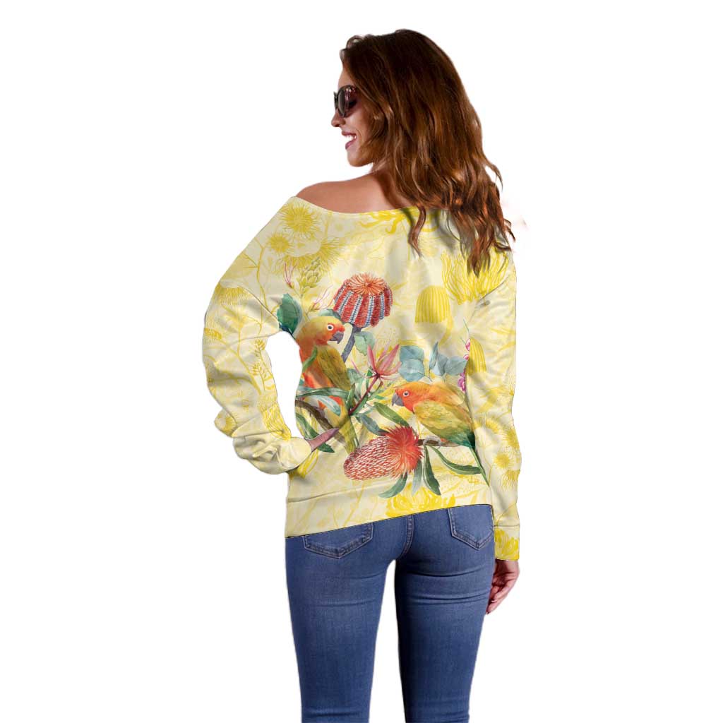 Birds and Floral Aussie Lorikeet Off Shoulder Sweater Pastel Yellow - Aussie Hoodie