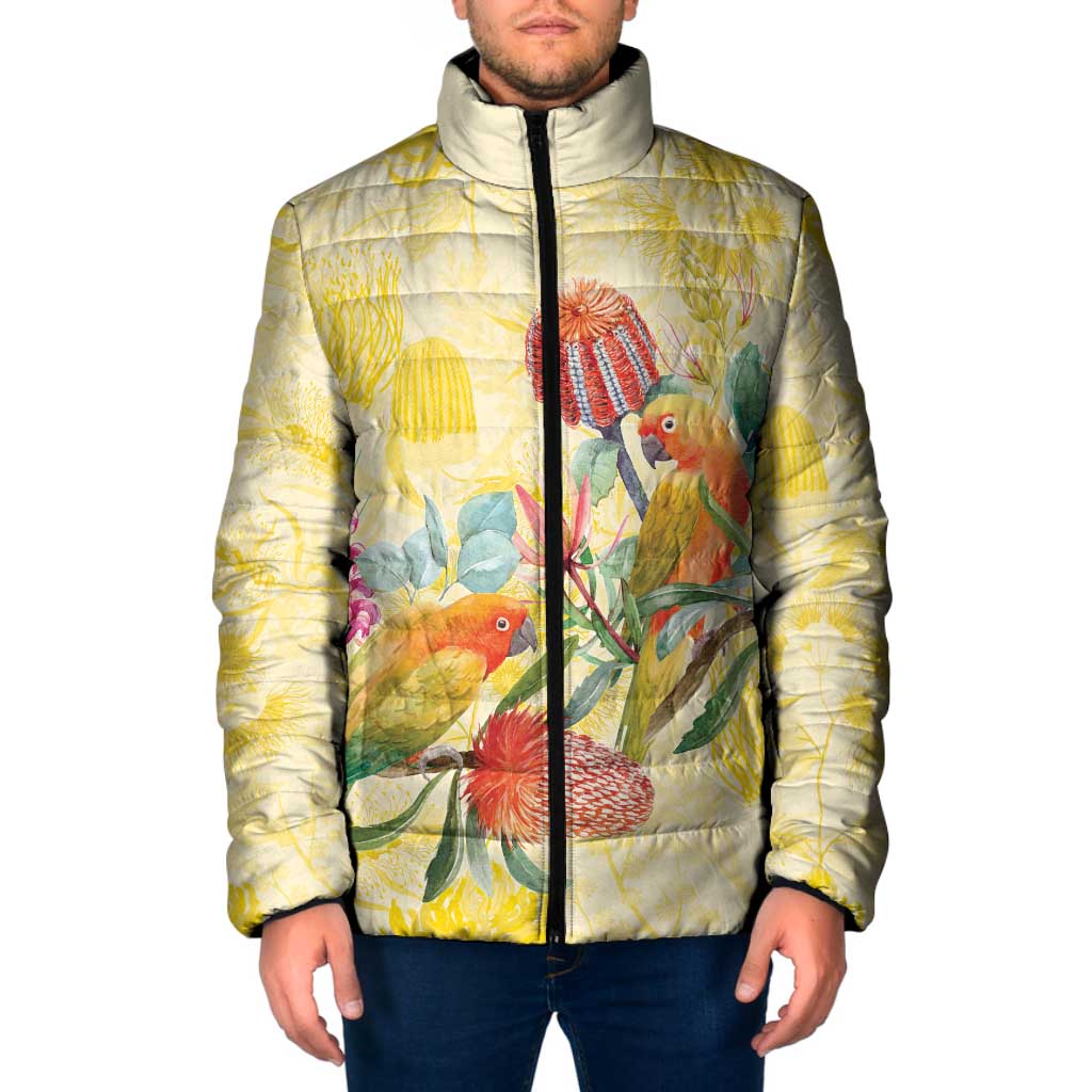 Birds and Floral Aussie Lorikeet Padded Jacket Pastel Yellow - Aussie Hoodie