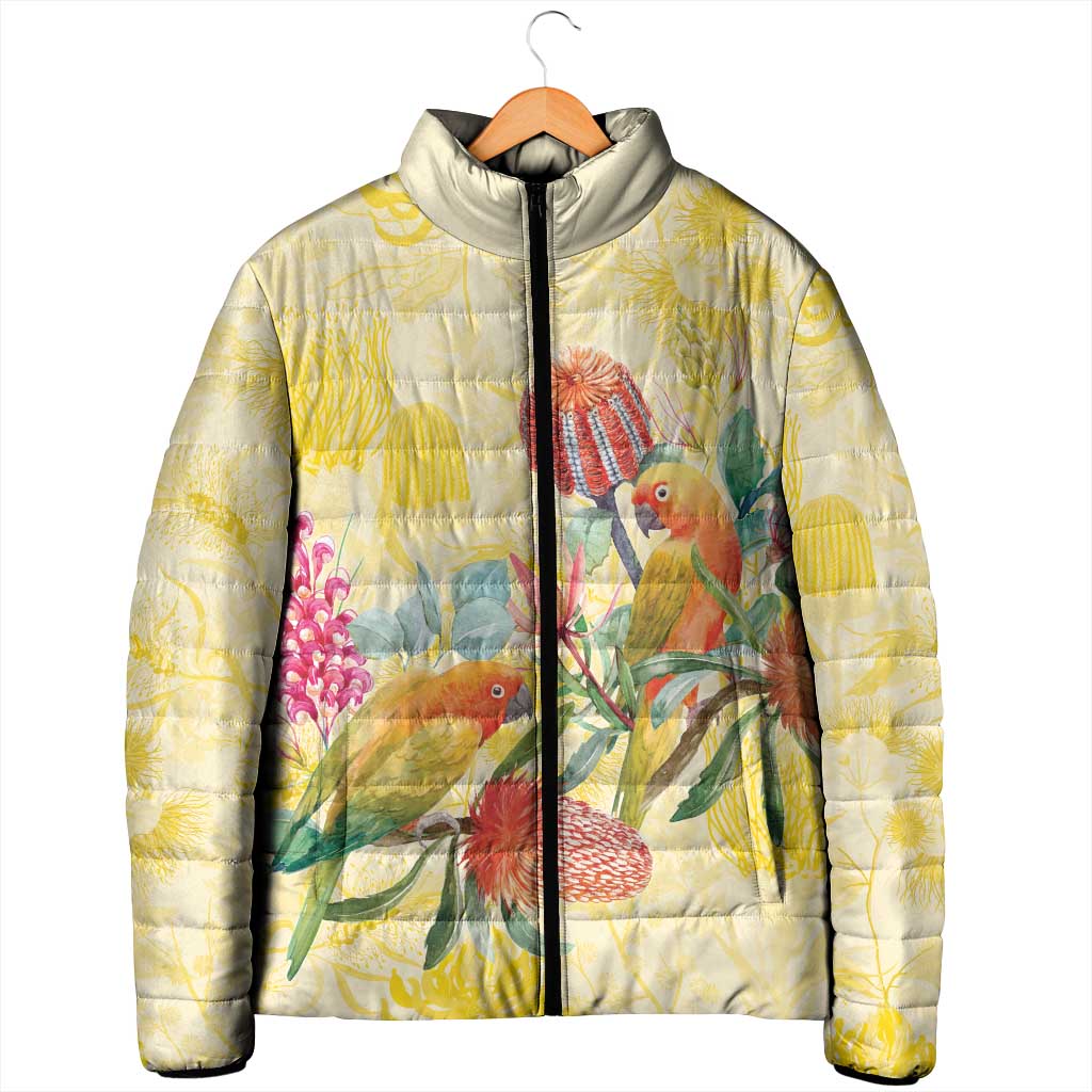 Birds and Floral Aussie Lorikeet Padded Jacket Pastel Yellow - Aussie Hoodie