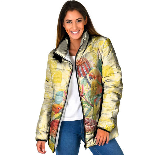 Birds and Floral Aussie Lorikeet Padded Jacket Pastel Yellow - Aussie Hoodie