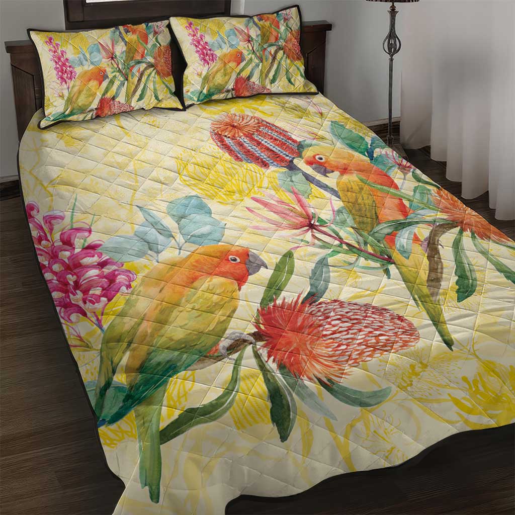 Birds and Floral Aussie Lorikeet Quilt Bed Set Pastel Yellow - Aussie Hoodie