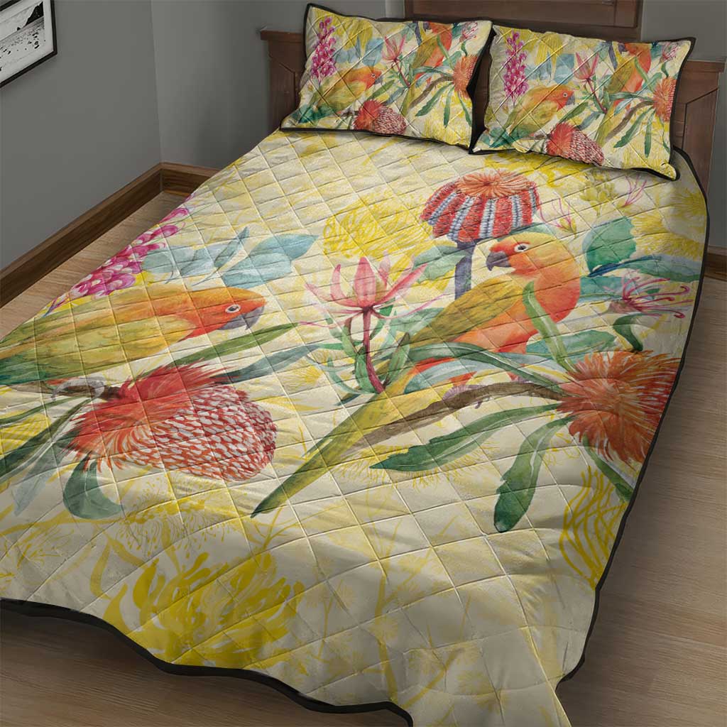 Birds and Floral Aussie Lorikeet Quilt Bed Set Pastel Yellow - Aussie Hoodie