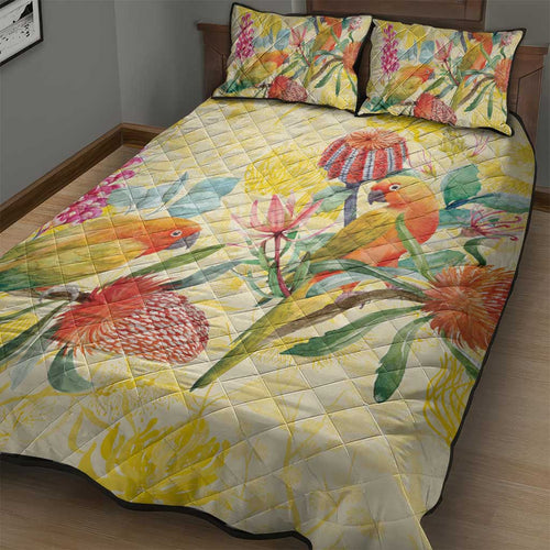 Birds and Floral Aussie Lorikeet Quilt Bed Set Pastel Yellow - Aussie Hoodie