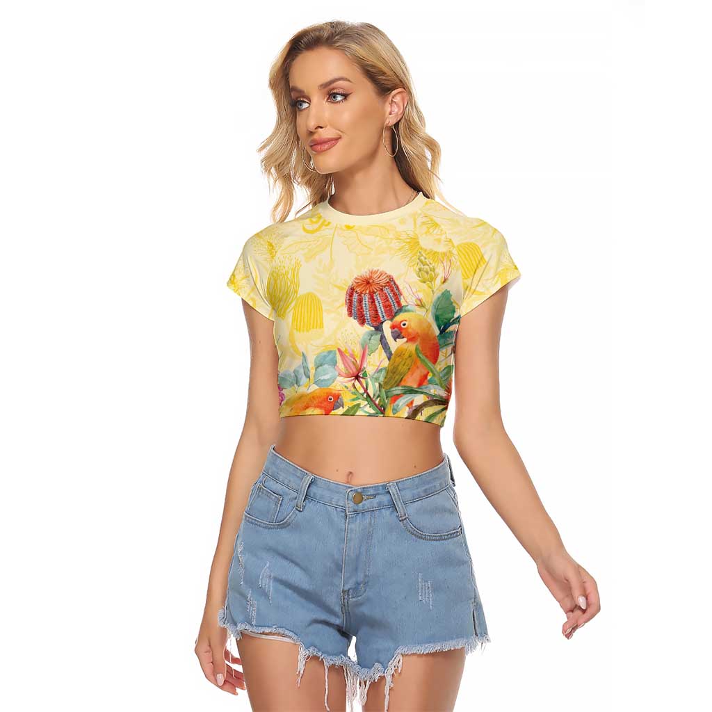 Birds and Floral Aussie Lorikeet Raglan Cropped T Shirt Pastel Yellow - Aussie Hoodie