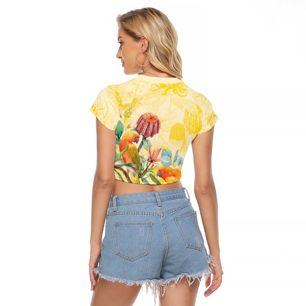 Birds and Floral Aussie Lorikeet Raglan Cropped T Shirt Pastel Yellow - Aussie Hoodie