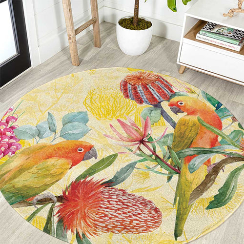 Birds and Floral Aussie Lorikeet Round Carpet Pastel Yellow - Aussie Hoodie