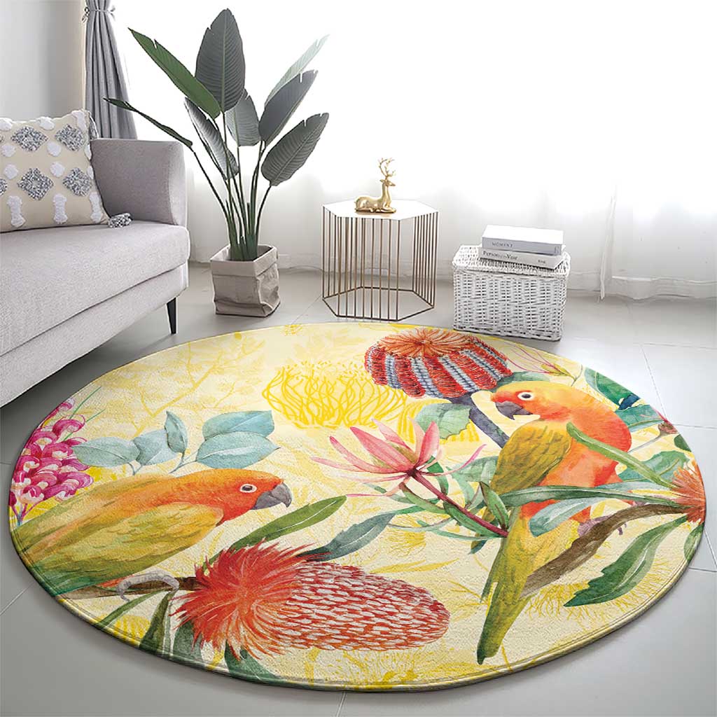 Birds and Floral Aussie Lorikeet Round Carpet Pastel Yellow - Aussie Hoodie
