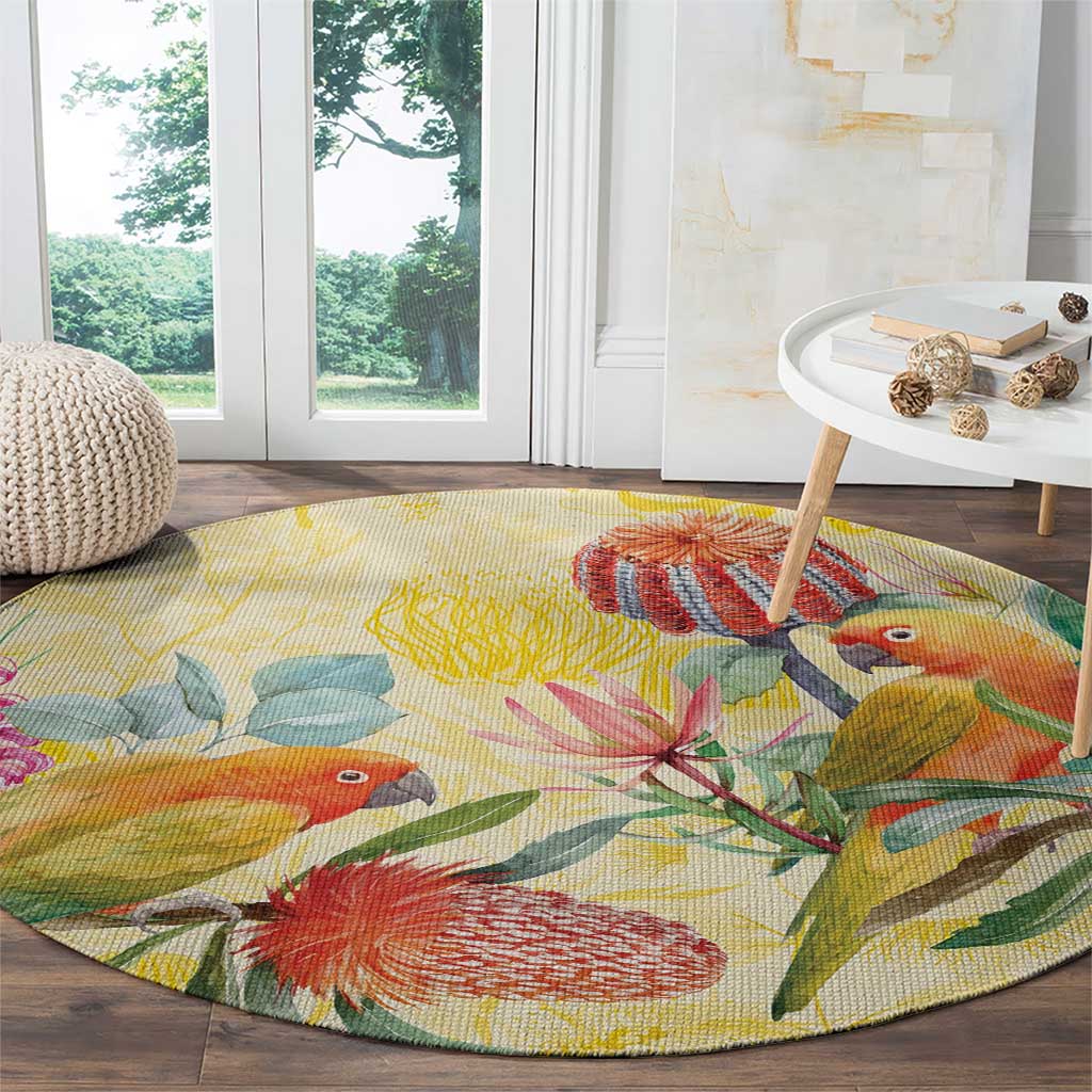 Birds and Floral Aussie Lorikeet Round Carpet Pastel Yellow - Aussie Hoodie