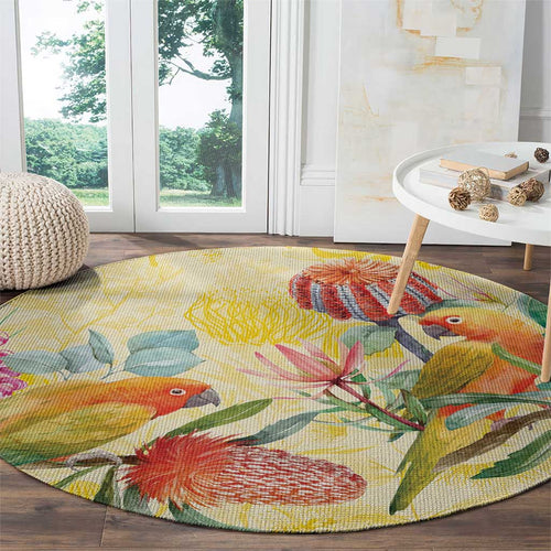 Birds and Floral Aussie Lorikeet Round Carpet Pastel Yellow - Aussie Hoodie