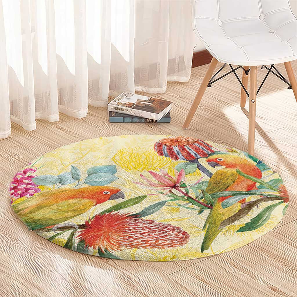 Birds and Floral Aussie Lorikeet Round Carpet Pastel Yellow - Aussie Hoodie