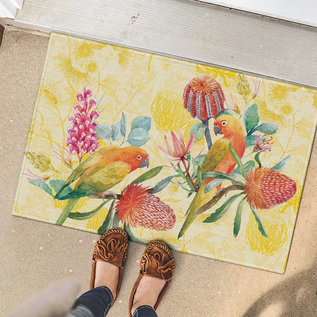 Birds and Floral Aussie Lorikeet Rubber Doormat Pastel Yellow - Aussie Hoodie