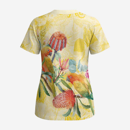 Birds and Floral Aussie Lorikeet Scrub Top Pastel Yellow - Aussie Hoodie