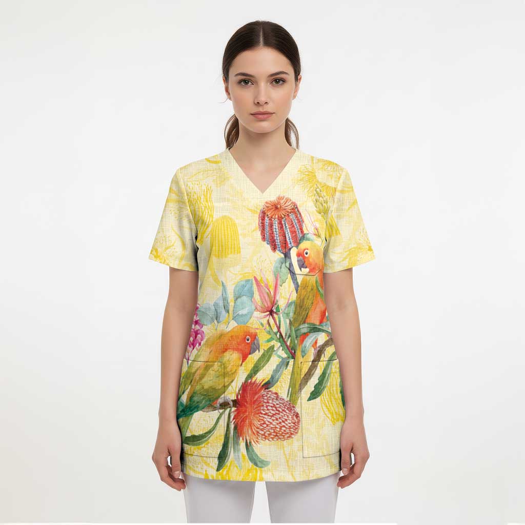 Birds and Floral Aussie Lorikeet Scrub Top Pastel Yellow - Aussie Hoodie