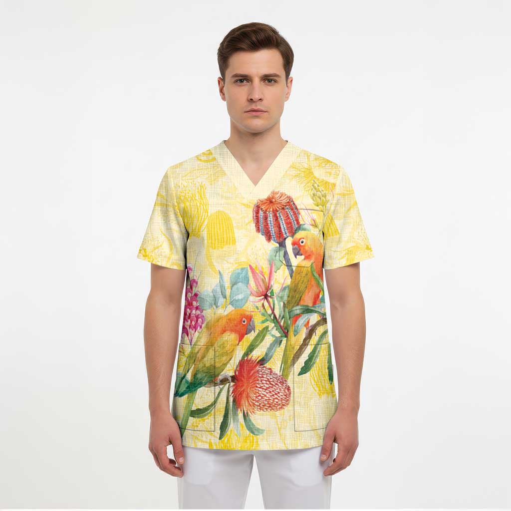 Birds and Floral Aussie Lorikeet Scrub Top Pastel Yellow - Aussie Hoodie