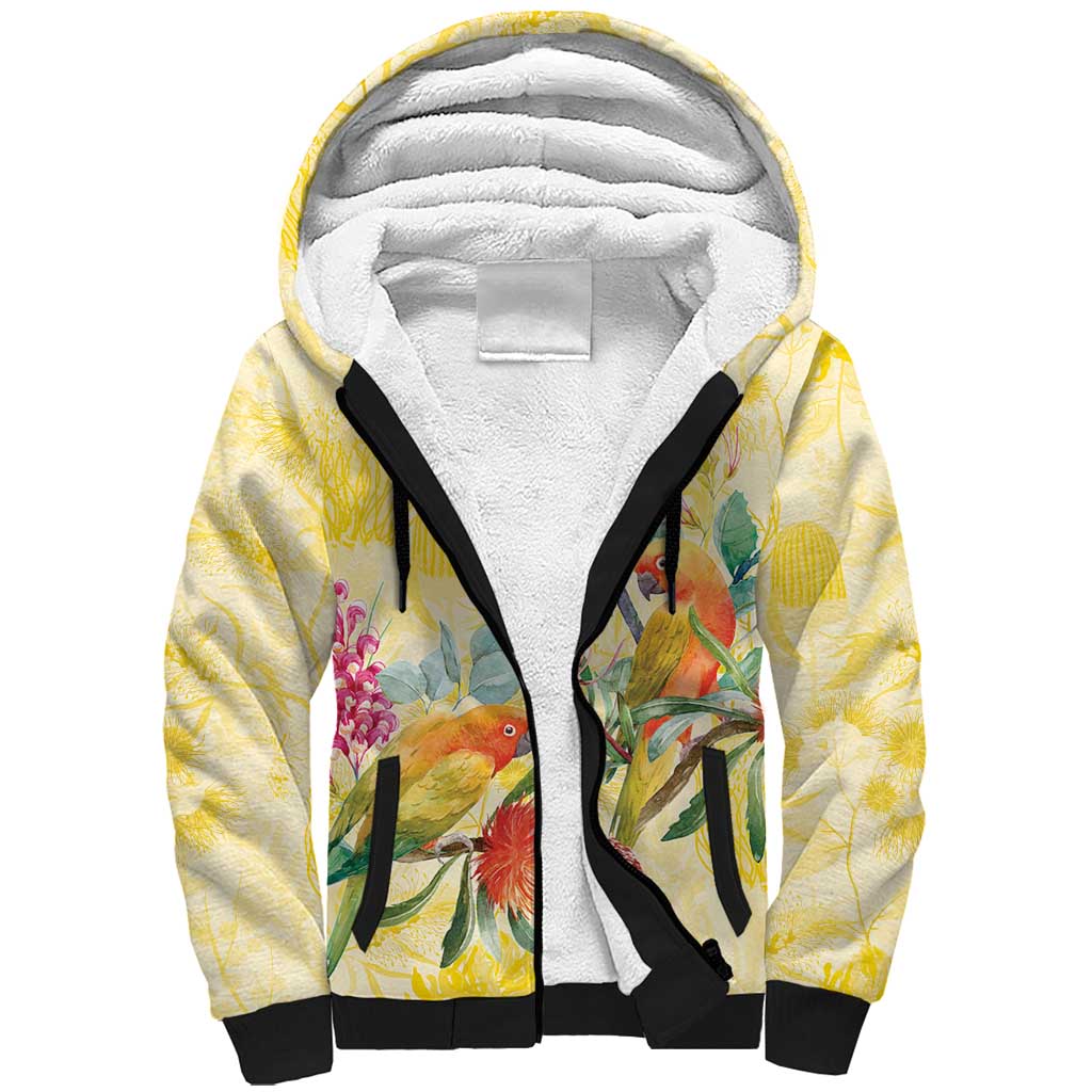 Birds and Floral Aussie Lorikeet Sherpa Hoodie Pastel Yellow - Aussie Hoodie
