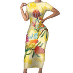 Birds and Floral Aussie Lorikeet Short Sleeve Bodycon Dress Pastel Yellow - Aussie Hoodie