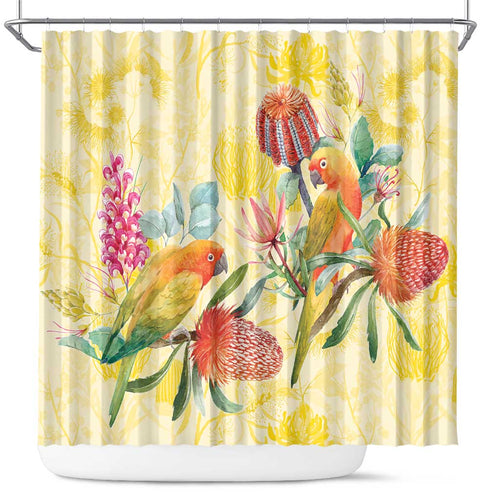 Birds and Floral Aussie Lorikeet Shower Curtain Pastel Yellow - Aussie Hoodie