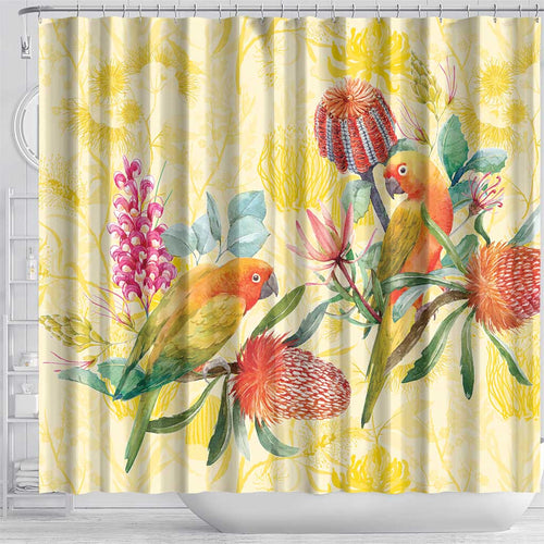 Birds and Floral Aussie Lorikeet Shower Curtain Pastel Yellow - Aussie Hoodie