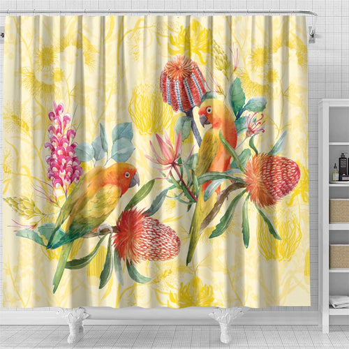 Birds and Floral Aussie Lorikeet Shower Curtain Pastel Yellow - Aussie Hoodie
