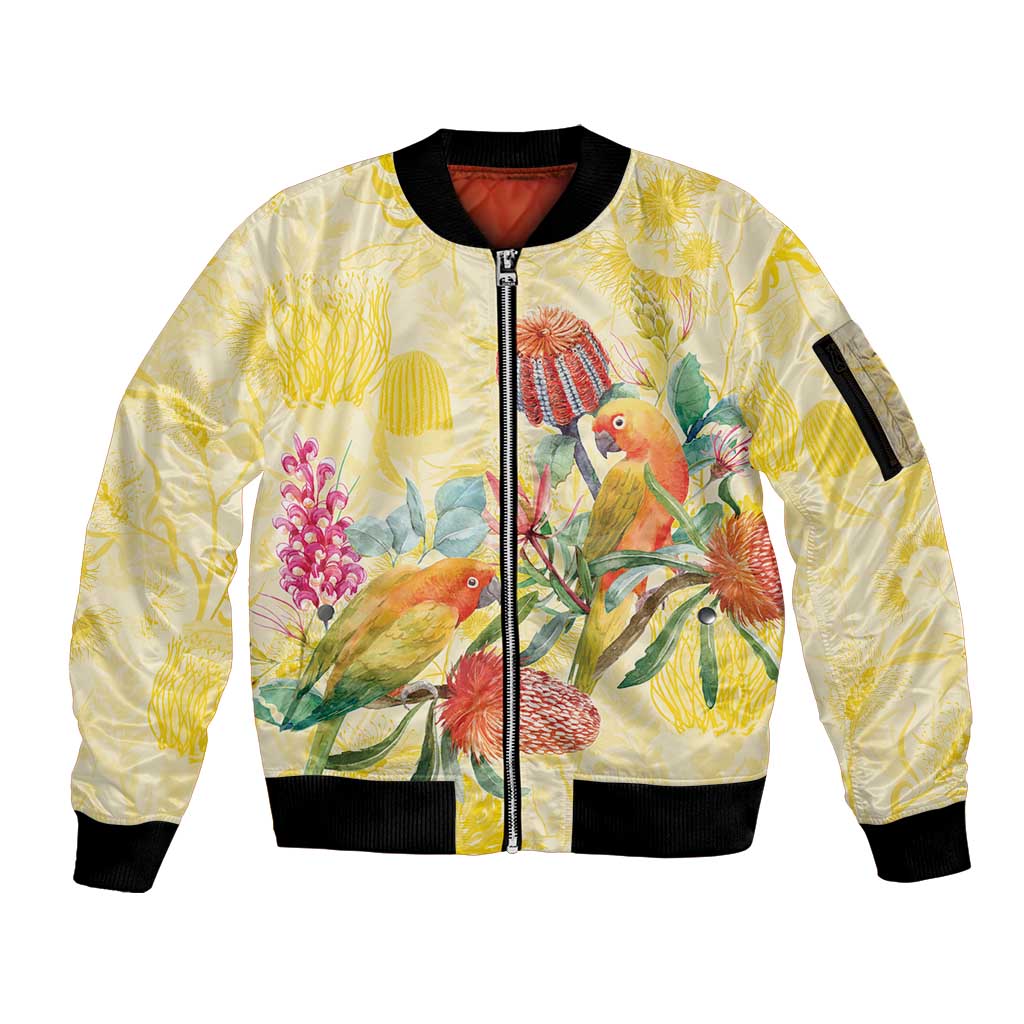 Birds and Floral Aussie Lorikeet Sleeve Zip Bomber Jacket Pastel Yellow - Aussie Hoodie