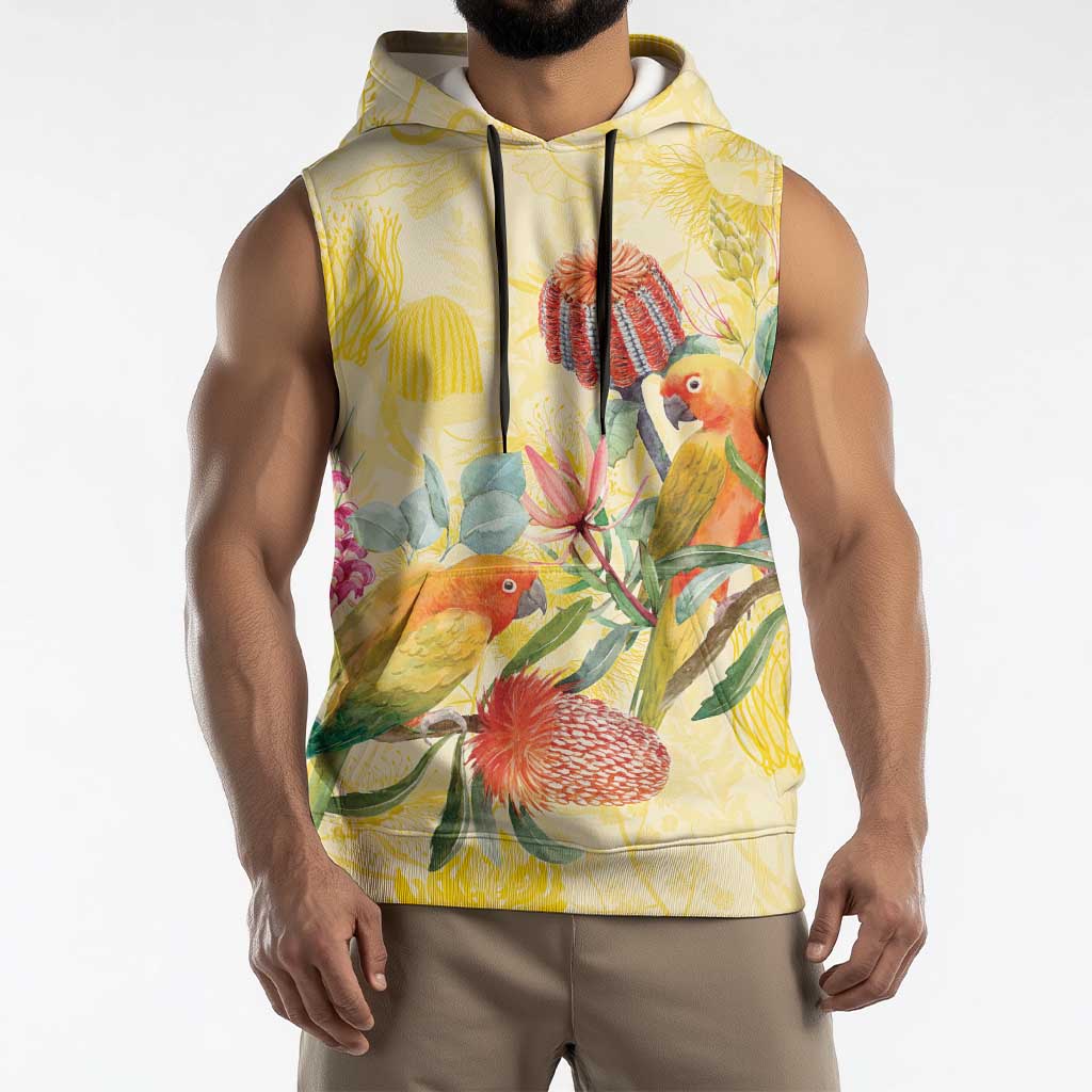 Birds and Floral Aussie Lorikeet Sleeveless Hoodie Pastel Yellow - Aussie Hoodie